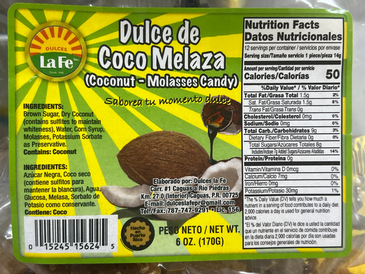 Dulce de Coco Melaza La Fe 6 oz