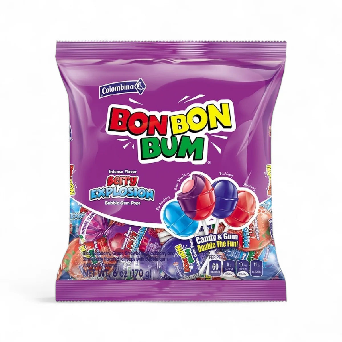 Colombina - Bon Bon Bum Berry Explosion Bubble Gum Lollipops 6 oz